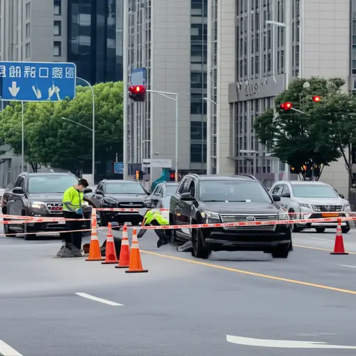 施工队在路口设置了路障，所有车辆必须绕行。