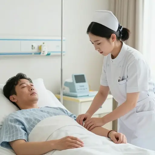 护士轻轻地将手指放在病人的手腕上感受他的脉搏。