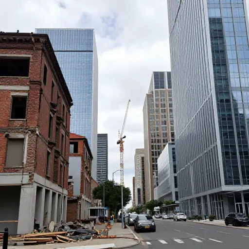 城市里的旧建筑一座接一座地被拆除，并替换成现代玻璃塔楼。