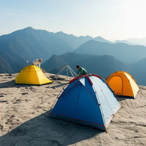登山者们在平坦的岩石平台上搭起了帐篷。