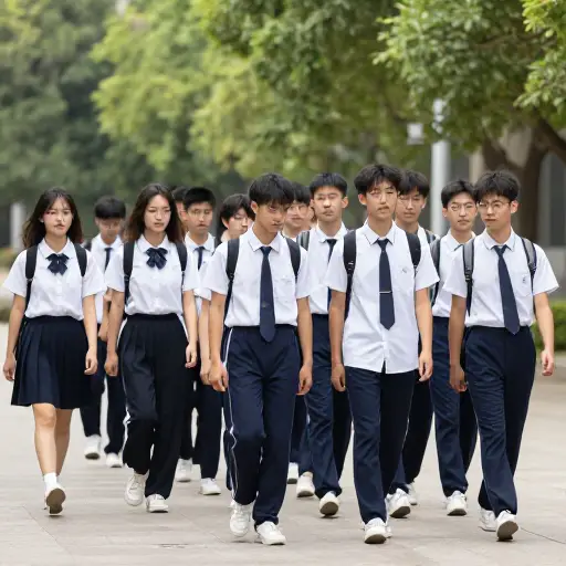 学生们排成两排，并肩向前走。