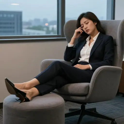 长时间会议后，她决定把脚翘在脚凳上休息。