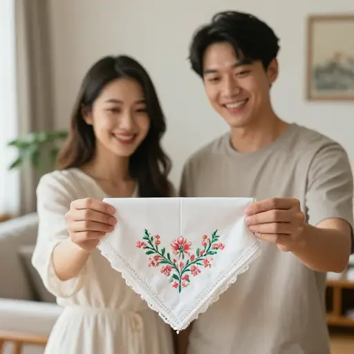 他们收到一套刺绣餐巾作为结婚礼物。
