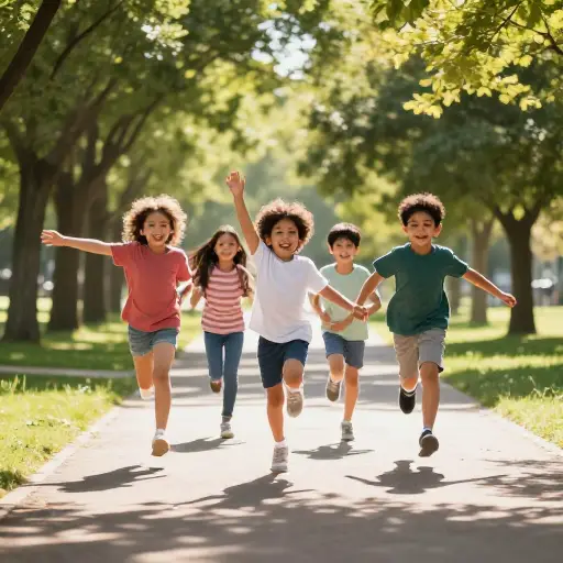 孩子们精力充沛地沿着小路蹦蹦跳跳。