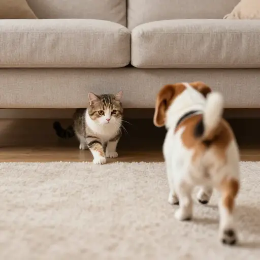 猫迅速躲到沙发下，避开了追赶它的狗。