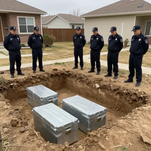 警方在嫌疑人后院地下发现了一批藏匿的非法武器。