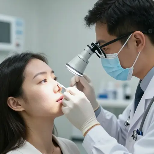 医生检查了她的鼻孔是否有堵塞。