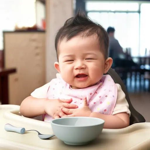 宝宝吃完饭后开心地拍拍自己的小肚子。