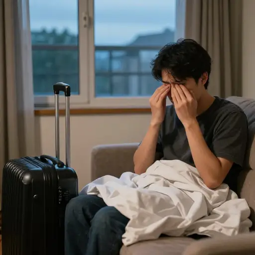 我很累，因为昨天旅行了一整天并且睡得不好。