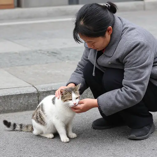 这位仁慈的女士经常帮助街上的流浪猫。