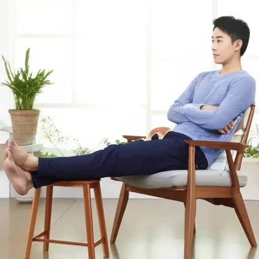 他的脚搁在小凳子上。