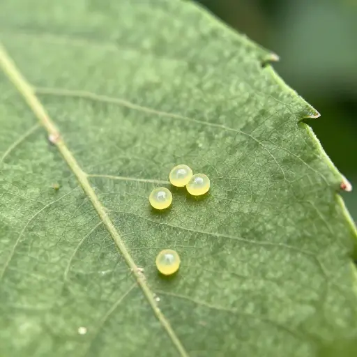 我们观察了附着在树叶背面的蝴蝶卵。