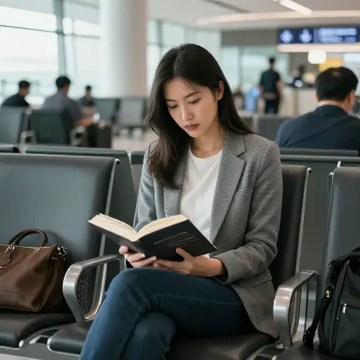 在机场等候时，她找了一本书来打发时间。