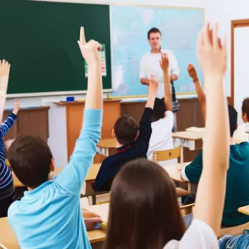 学生们举手投票决定班级旅行的目的地。