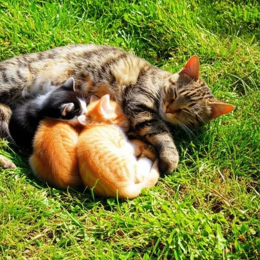 这只母猫和它的幼崽在阳光下睡觉。