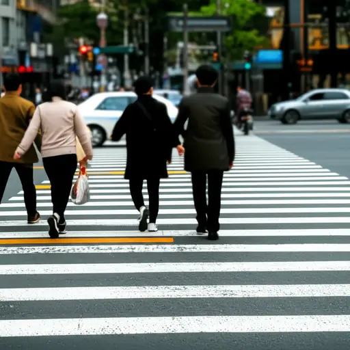 行人们赶着穿过人行横道，争取赶上绿灯。