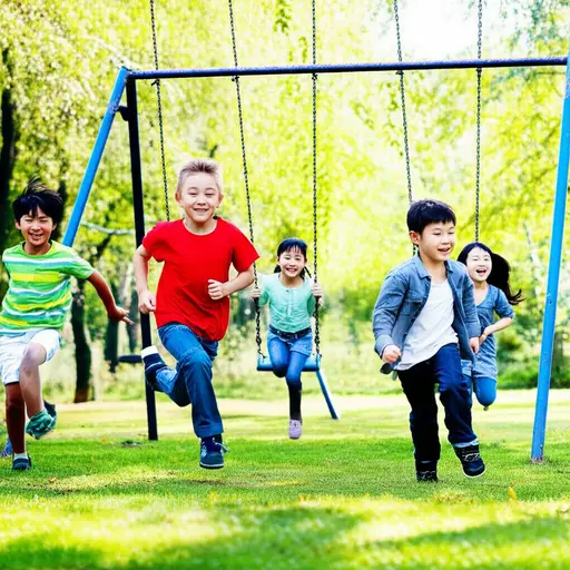 孩子们兴奋地冲向公园的秋千。