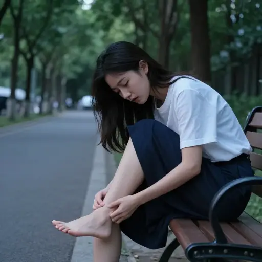 长途步行后，她揉了揉脚后跟。