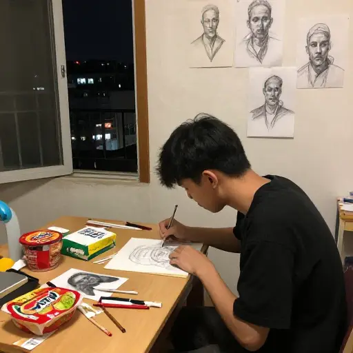 那时他主要在做无偿工作，靠低预算生活，并去上绘画夜校。