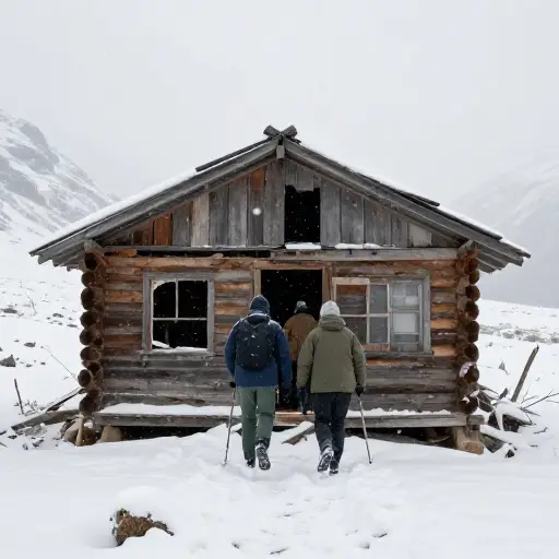 暴风雪期间，徒步旅行者们不得不躲进一个废弃的山间小木屋。