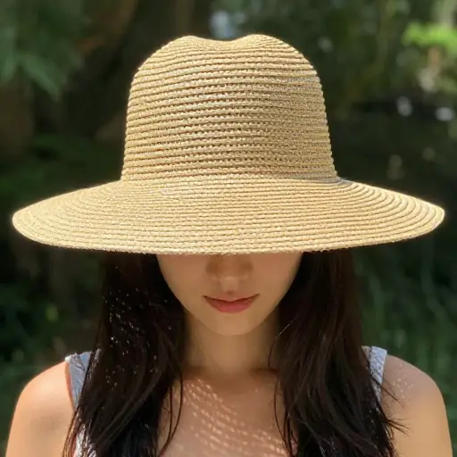 她戴了一顶宽檐草帽来遮阳。