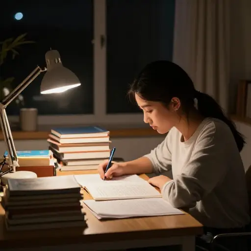 她为了考试通宵学习。