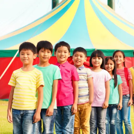 孩子们兴奋地排队等着看马戏团的表演。