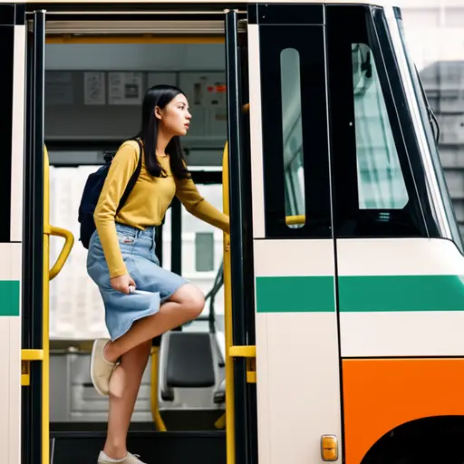 她匆忙跳上公交车去上学。