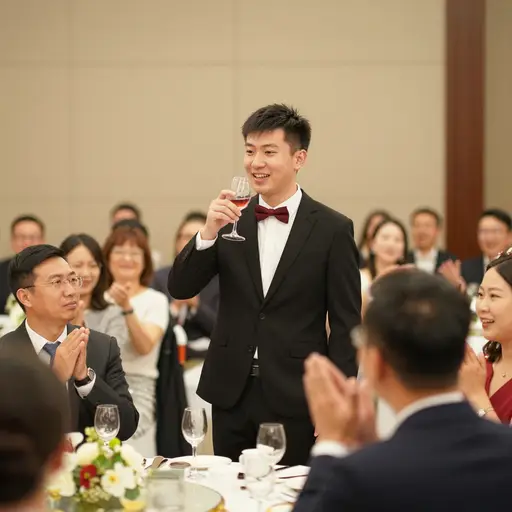 新郎的弟弟在婚宴上站起来即兴发表了一段祝酒词。