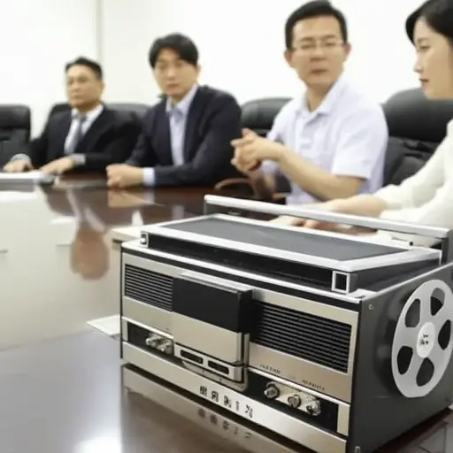 我们用录音机把会议内容录了下来。