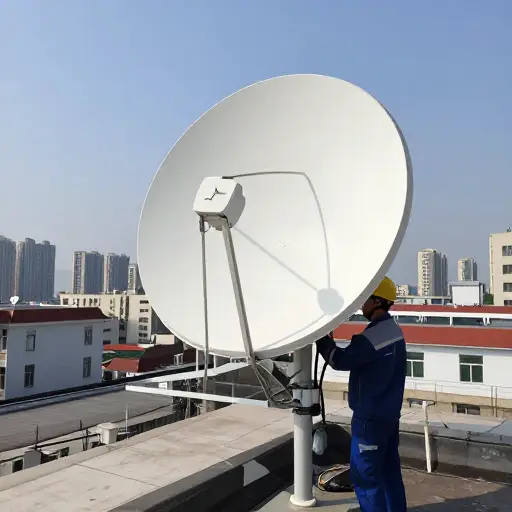 技术员在屋顶安装了一个卫星天线。