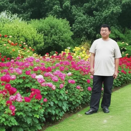 他在花园里。