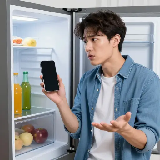 “你的手机怎么跑到冰箱里去了？” “别问我！我完全不知道。”