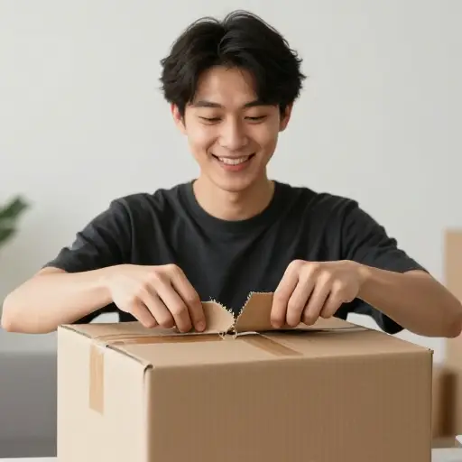 他兴奋地撕开了包裹。