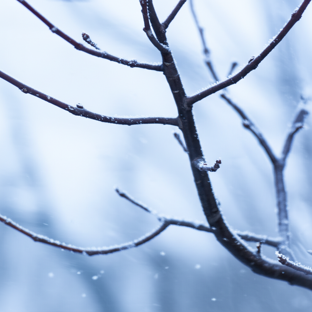 树枝上覆盖着一层薄薄的雪。