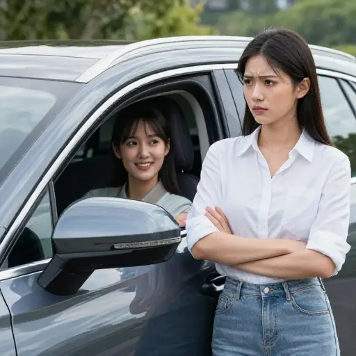 她嫉妒地看着朋友的新车。