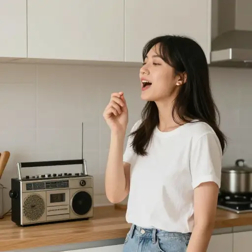 她发现自己不知不觉地跟着收音机唱起歌来。