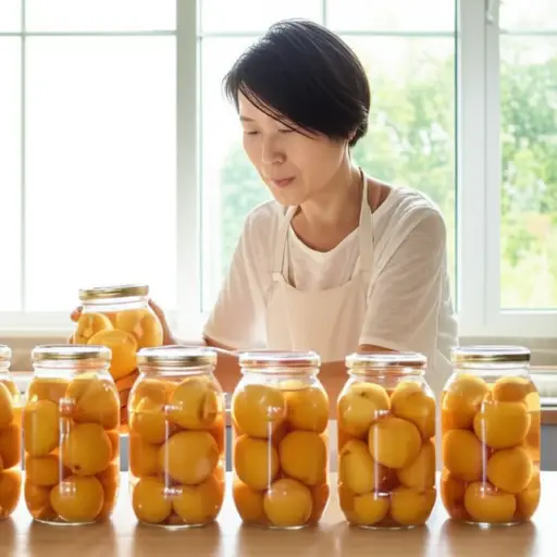 我妈妈每年夏天都会把多余的桃子装罐保存。