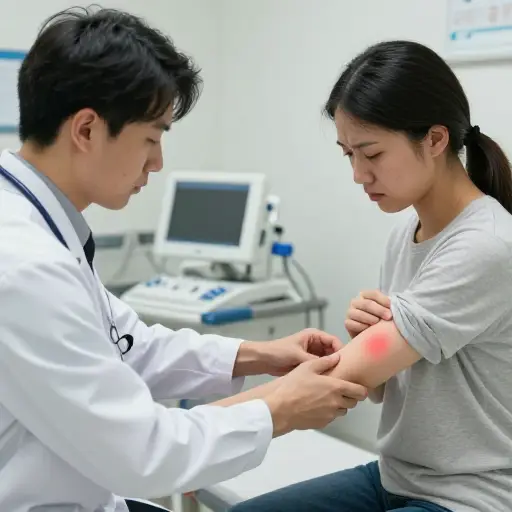 医生检查了她手臂上疼痛的肿块，以确保不严重。