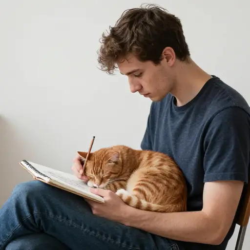 他给那只睡着的猫画了一张速写。