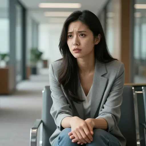 在工作面试前，她紧张不安。