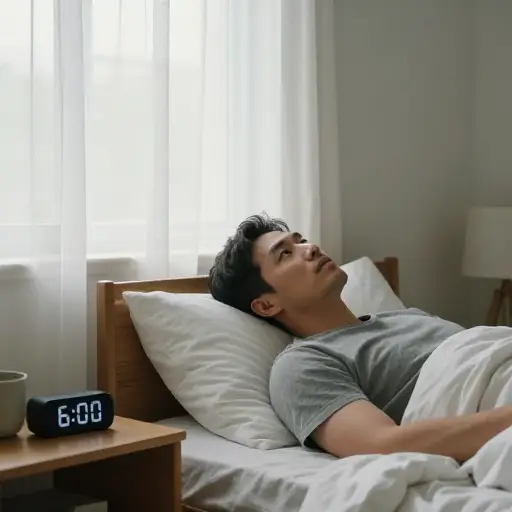 每天早上六点闹钟还没响，他就睁开眼了。