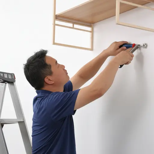 我爸爸正在墙上安装一个架子。