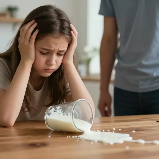我碰倒了那个女孩的杯子，里面还装满了牛奶。