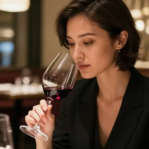 那位鉴赏家小心翼翼地闻了闻葡萄酒，在品尝之前评估它的香气。