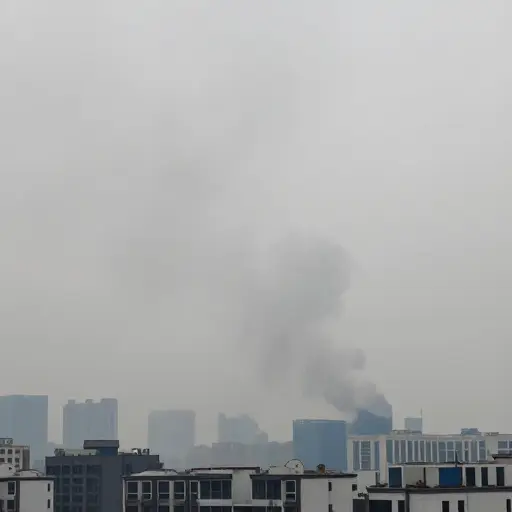 由于逆温现象，城市上空的烟雾久久不散。