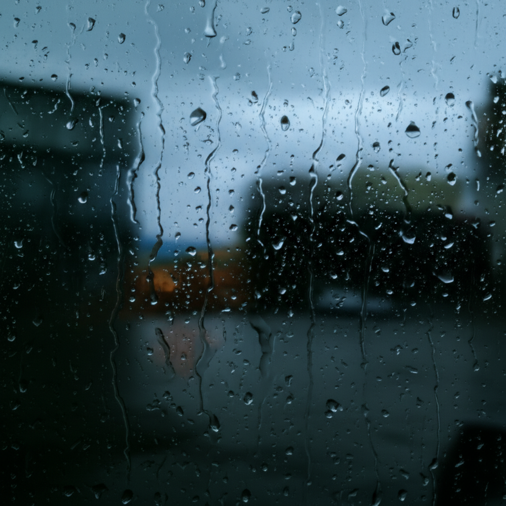 雨滴模糊了窗外的景色