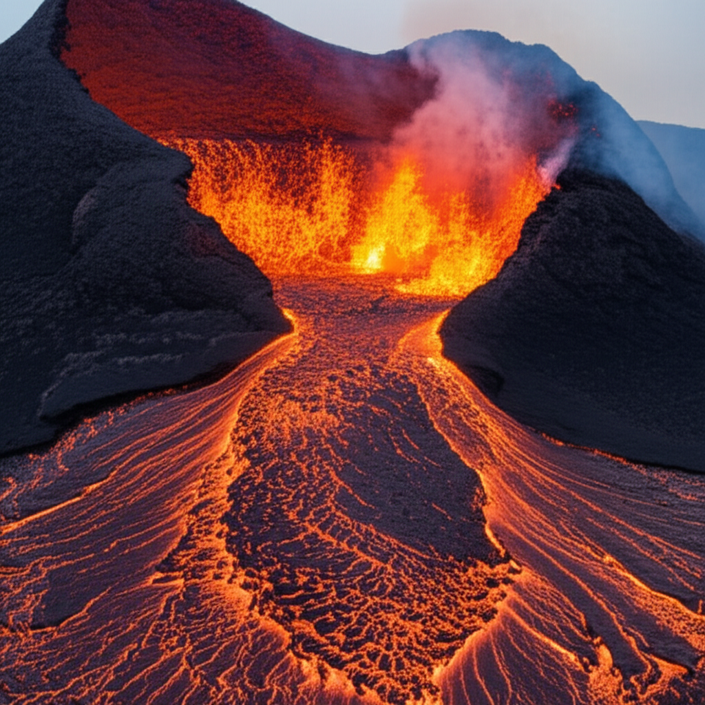 火山喷发出大量的熔岩。