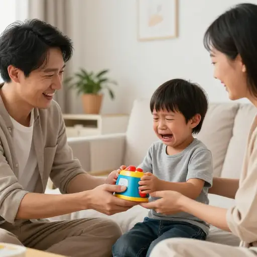父母给吵闹的孩子买了新玩具来安抚他。