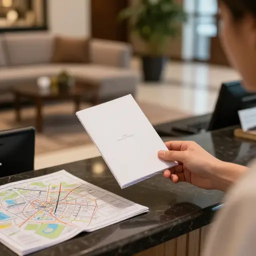 酒店前台提供了一本旅游手册，里面有城市地图和景点介绍。